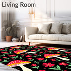 Red Mushroom Garden Floral Black Rug