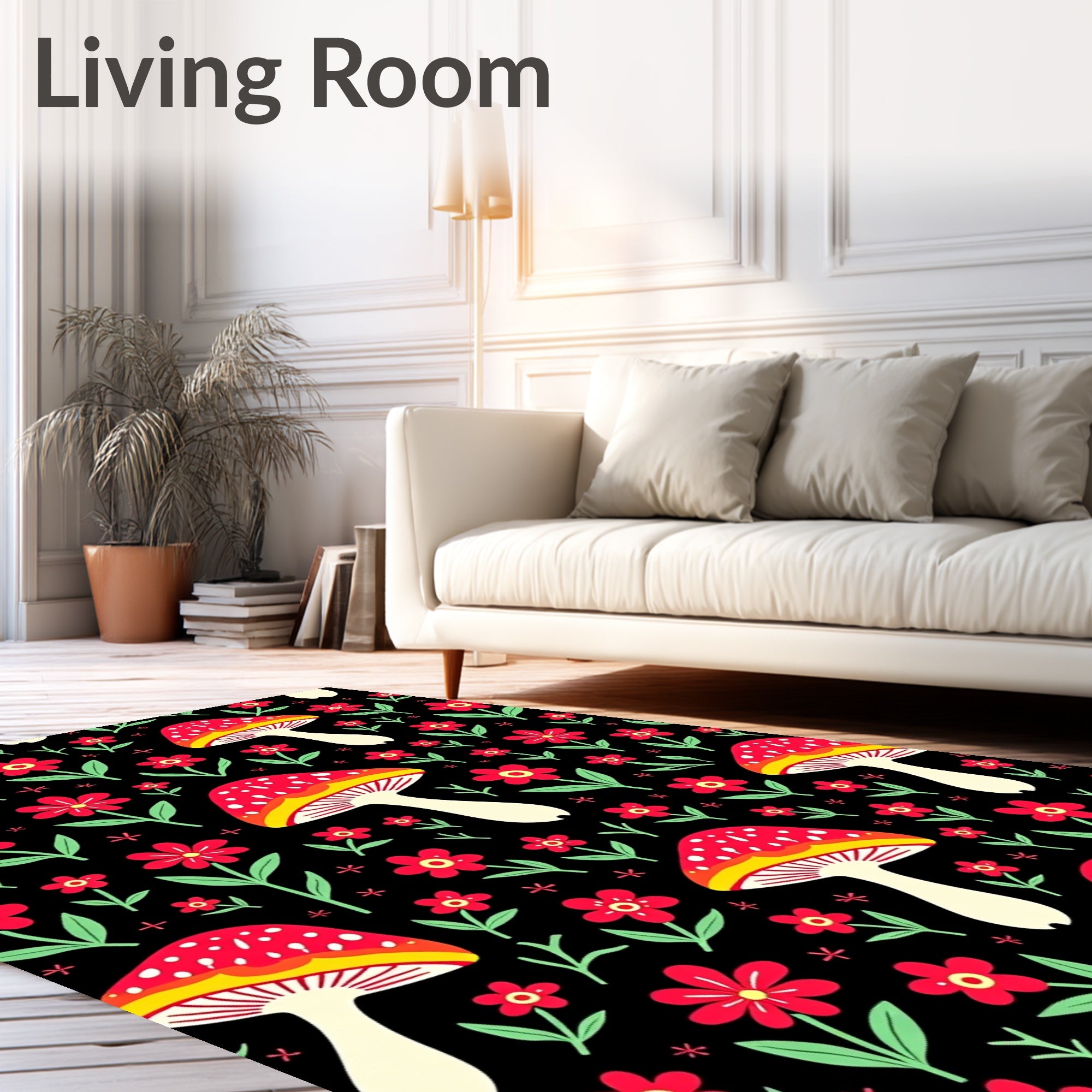 Red Mushroom Garden Floral Black Rug
