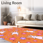 Whimsical Pink Bunnies Purple Flowers Orange Background Rug