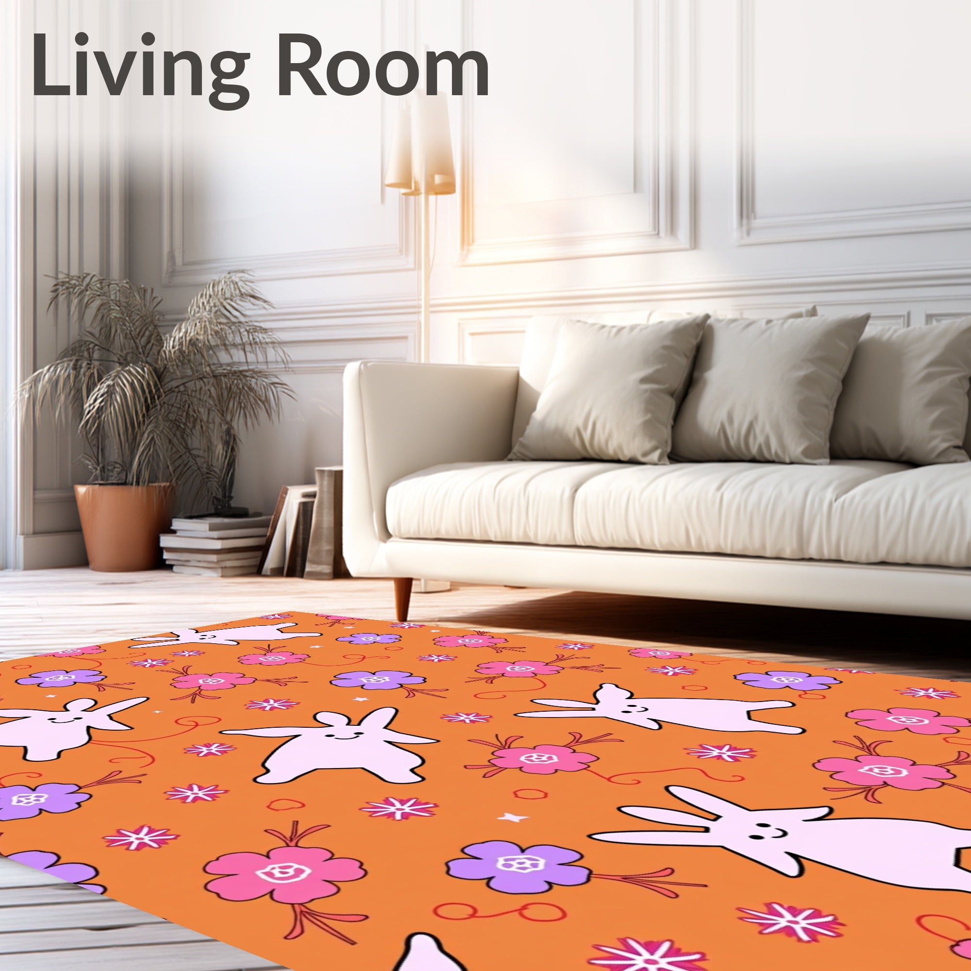 Whimsical Pink Bunnies Purple Flowers Orange Background Rug