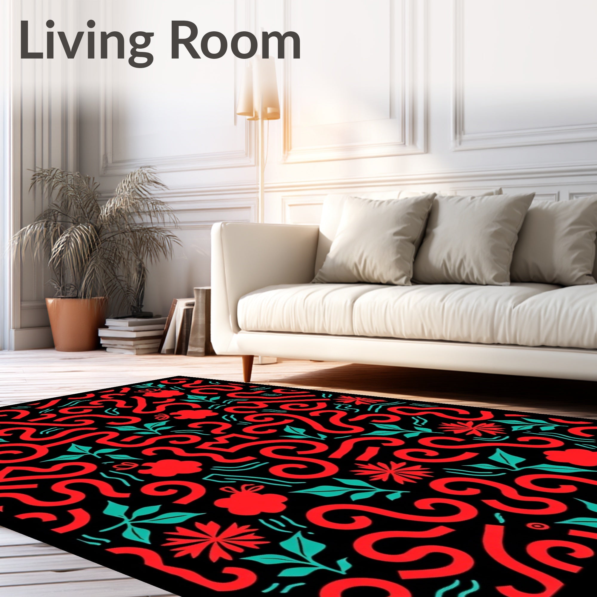 Coral Swirl Floral Botanical Black Rug