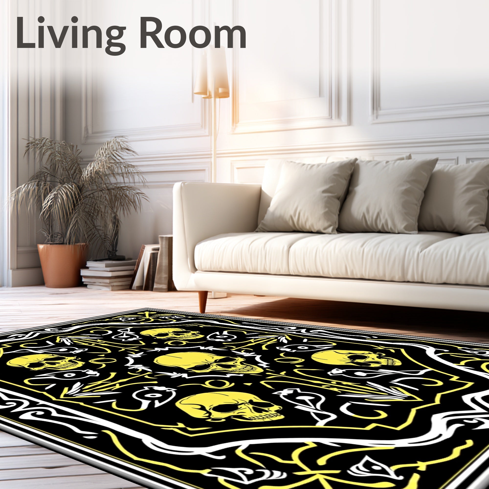 Gothic Yellow Skull Black Border Rug