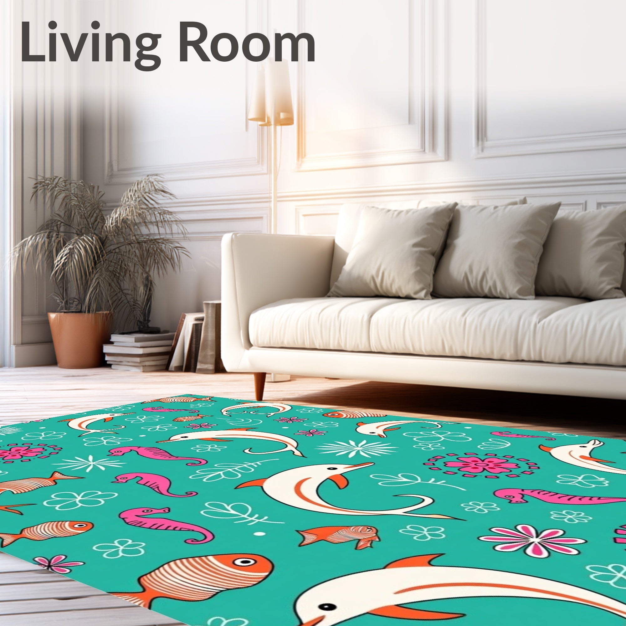 Teal Dolphin Seahorse Fish Floral Collage Rug