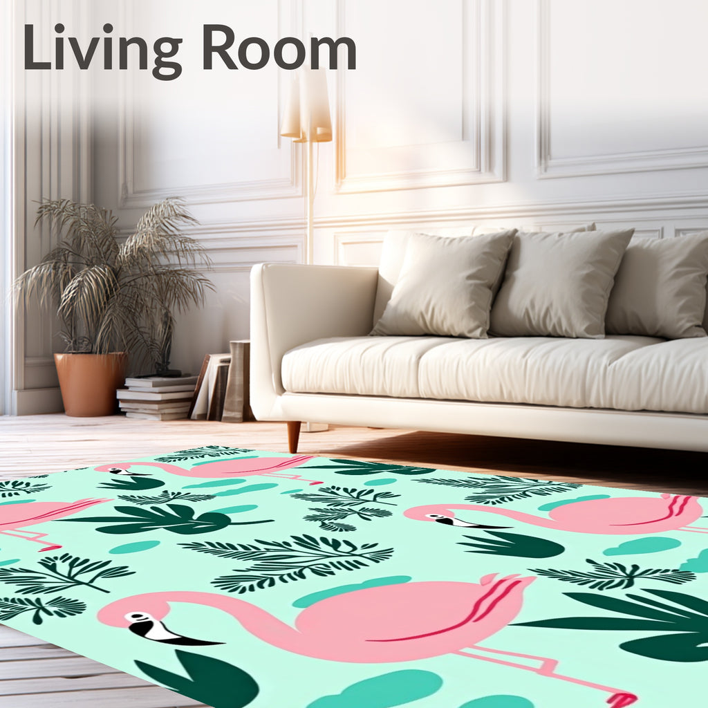 Playful Pink Flamingos Tropical Foliage Rug