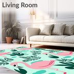 Playful Pink Flamingos Tropical Foliage Rug
