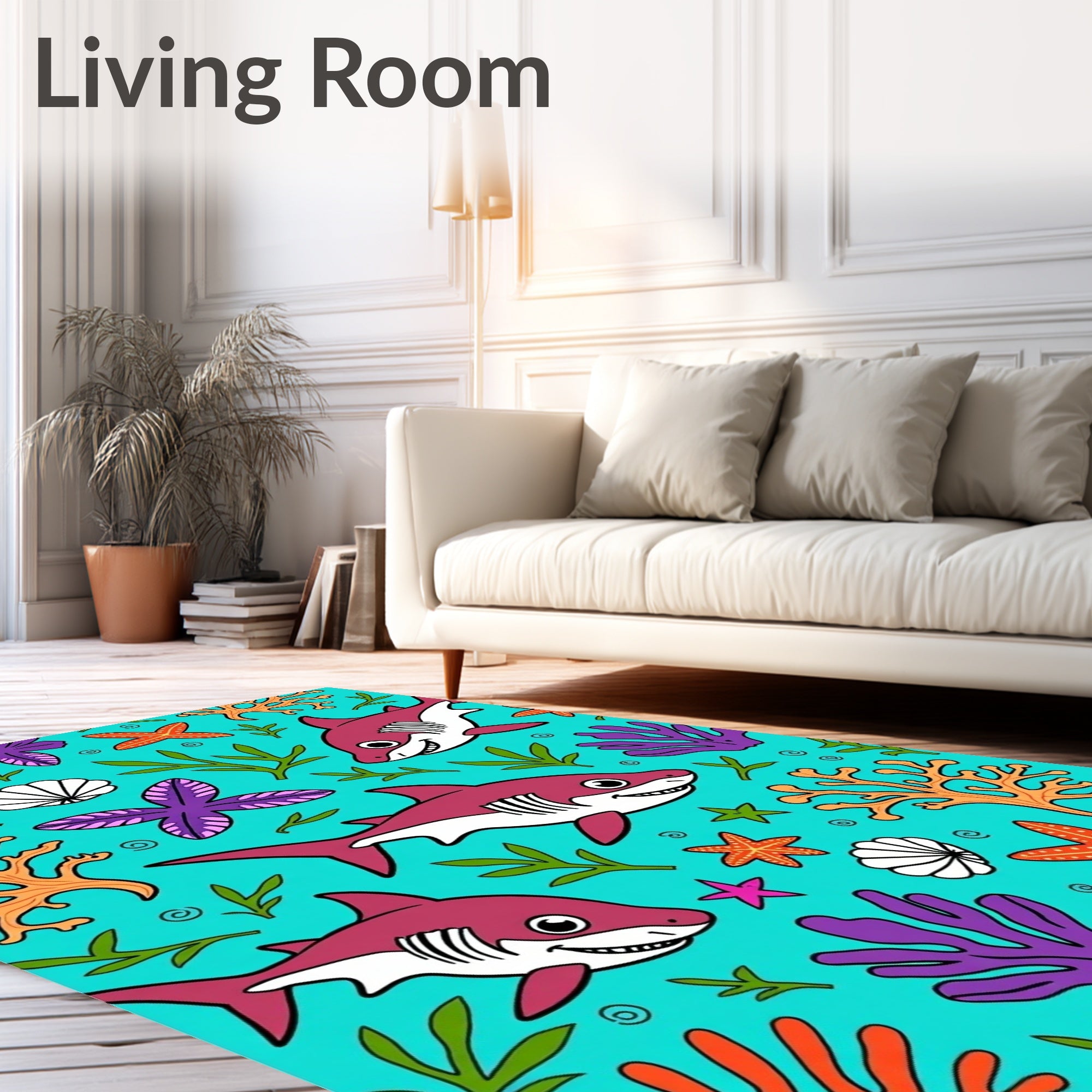 Happy Sharks Coral Reef Seabed Scene Rug