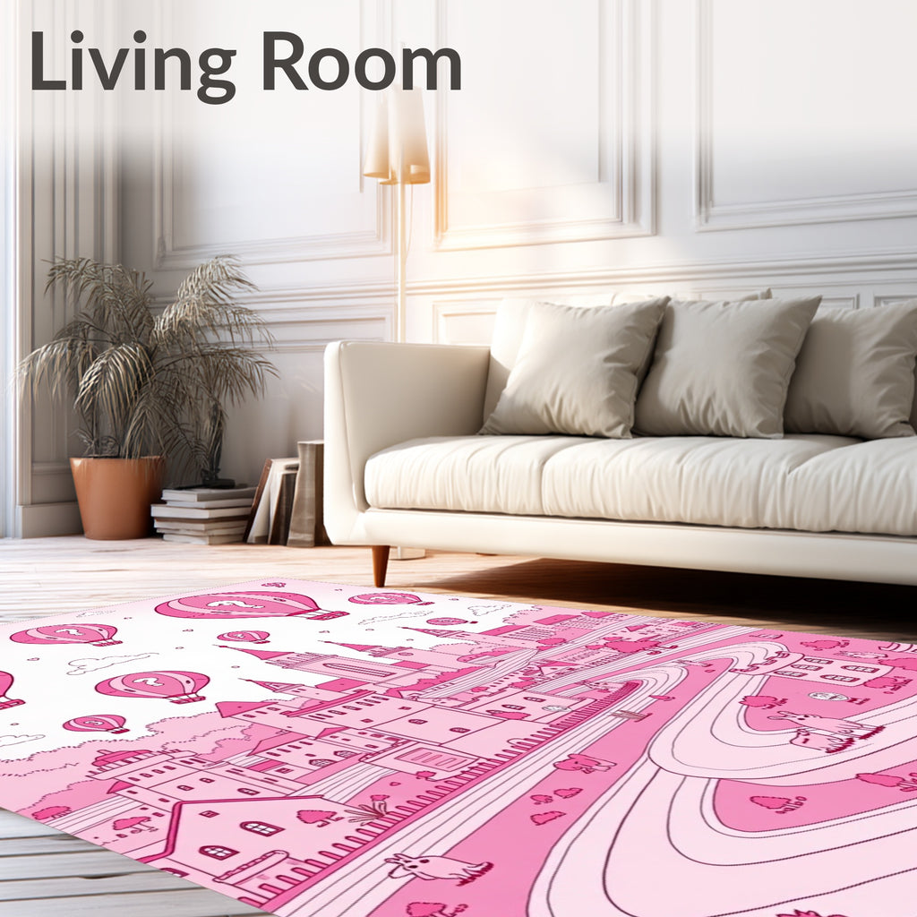 Whimsical Pink Hot Air Balloon Castle Landscape Rug