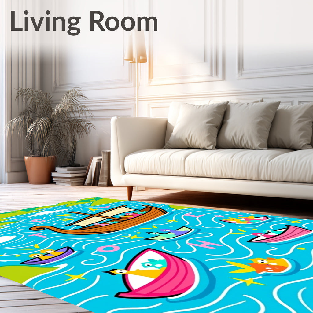 Whimsical Boats On Aqua Sea Rug