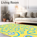 Sunny Yellow Blue Whimsical Swirls Rug