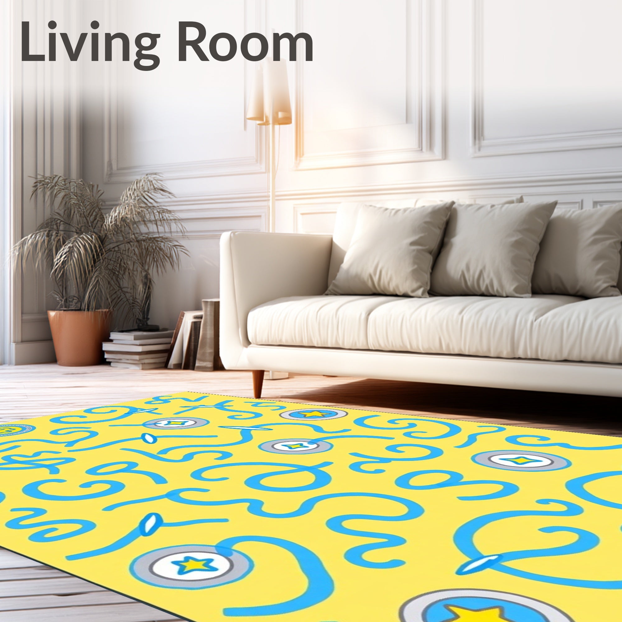 Sunny Yellow Blue Whimsical Swirls Rug