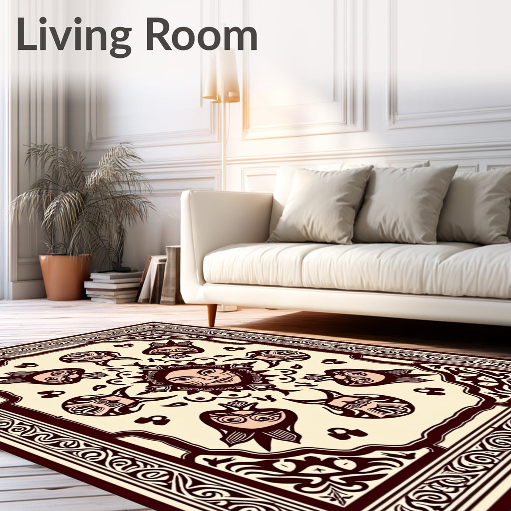 Crimson Sun Face Fish Border Rug