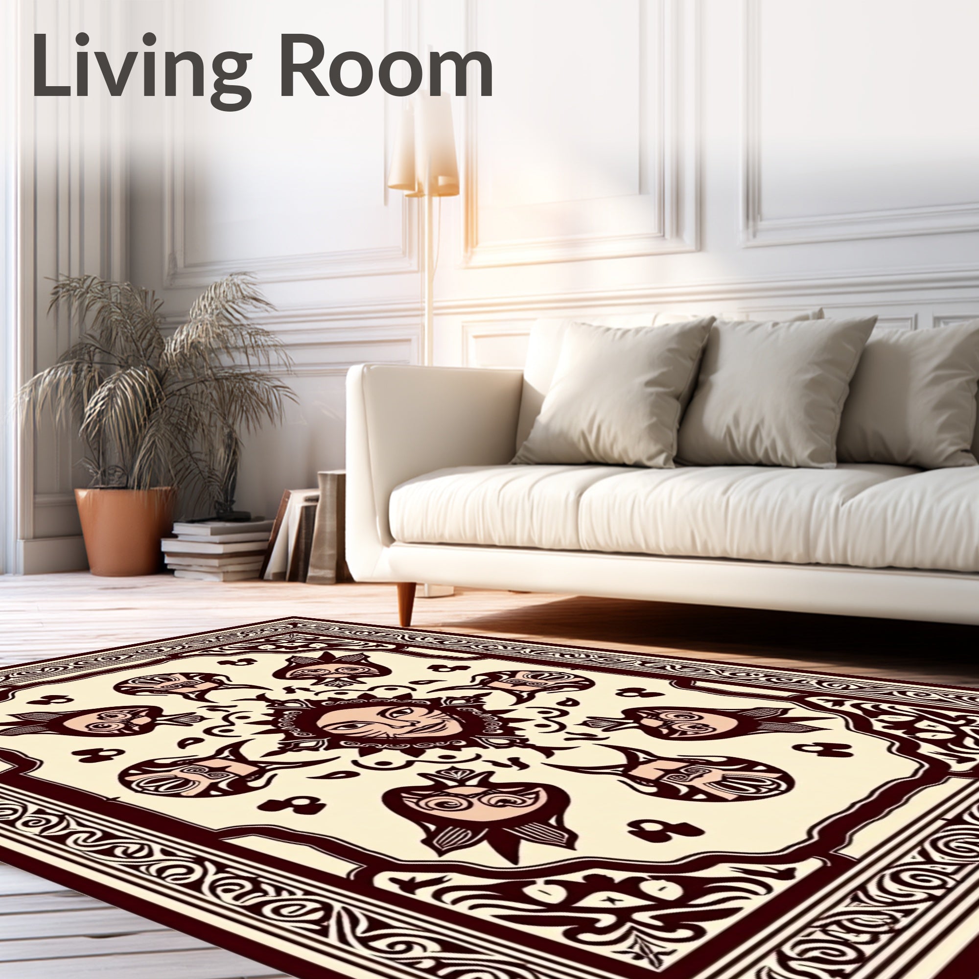 Crimson Sun Face Fish Border Rug