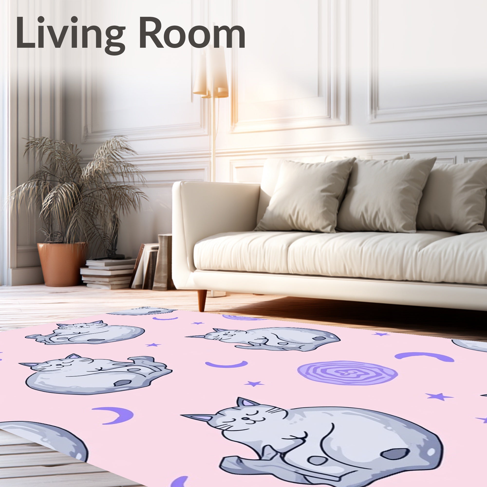 Whimsical Gray Sleeping Cat Stars Rug