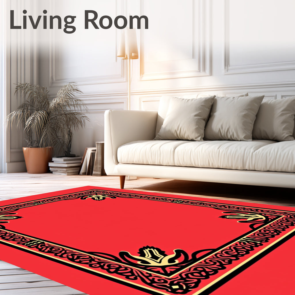 Red Ornate Black Gold Floral Border Rug