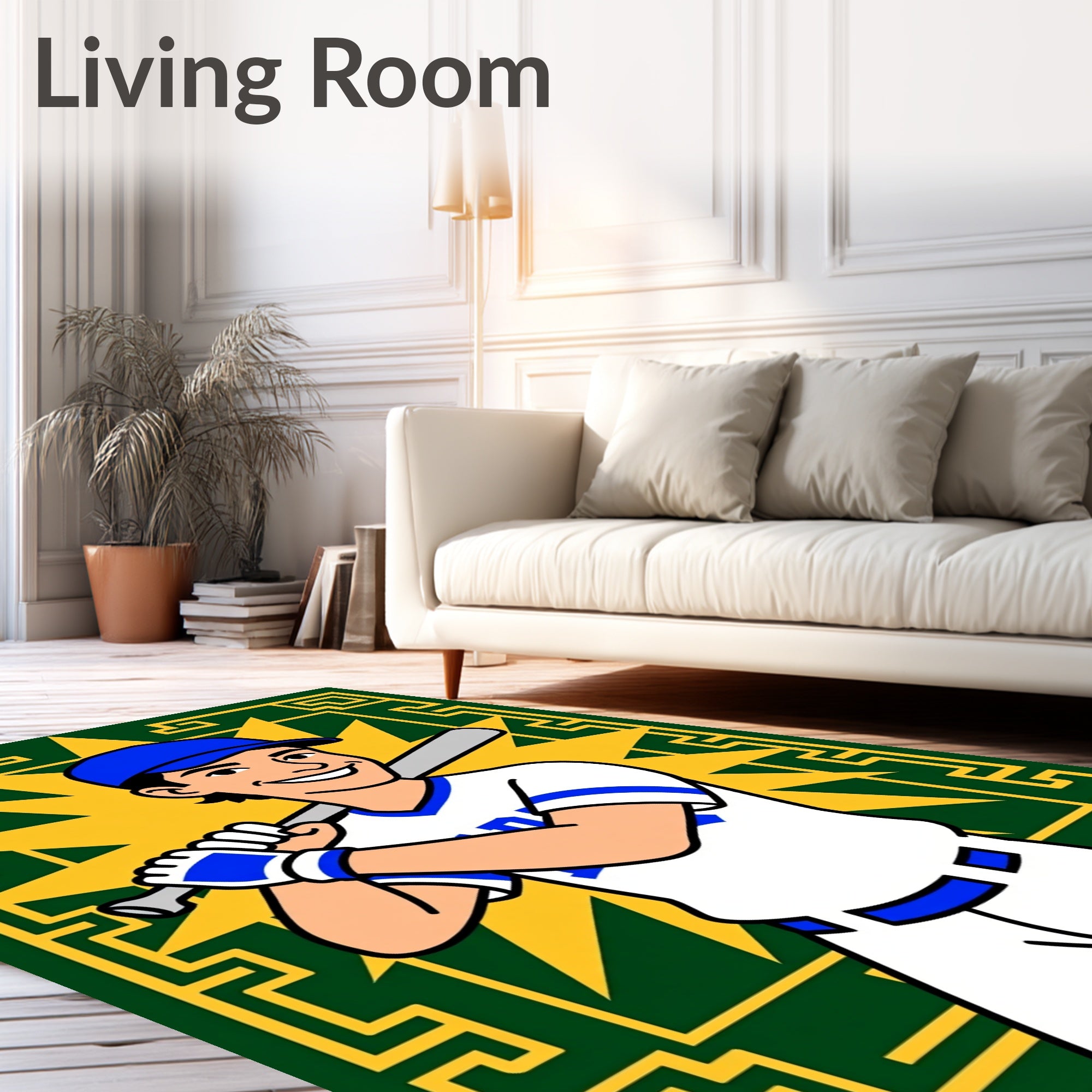 Bold Green Yellow Baseball Player Rug