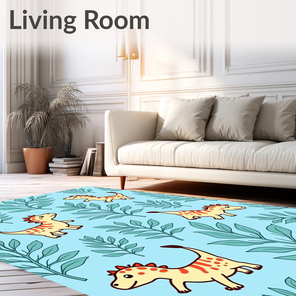 Playful Yellow Dinosaurs Blue Foliage Rug