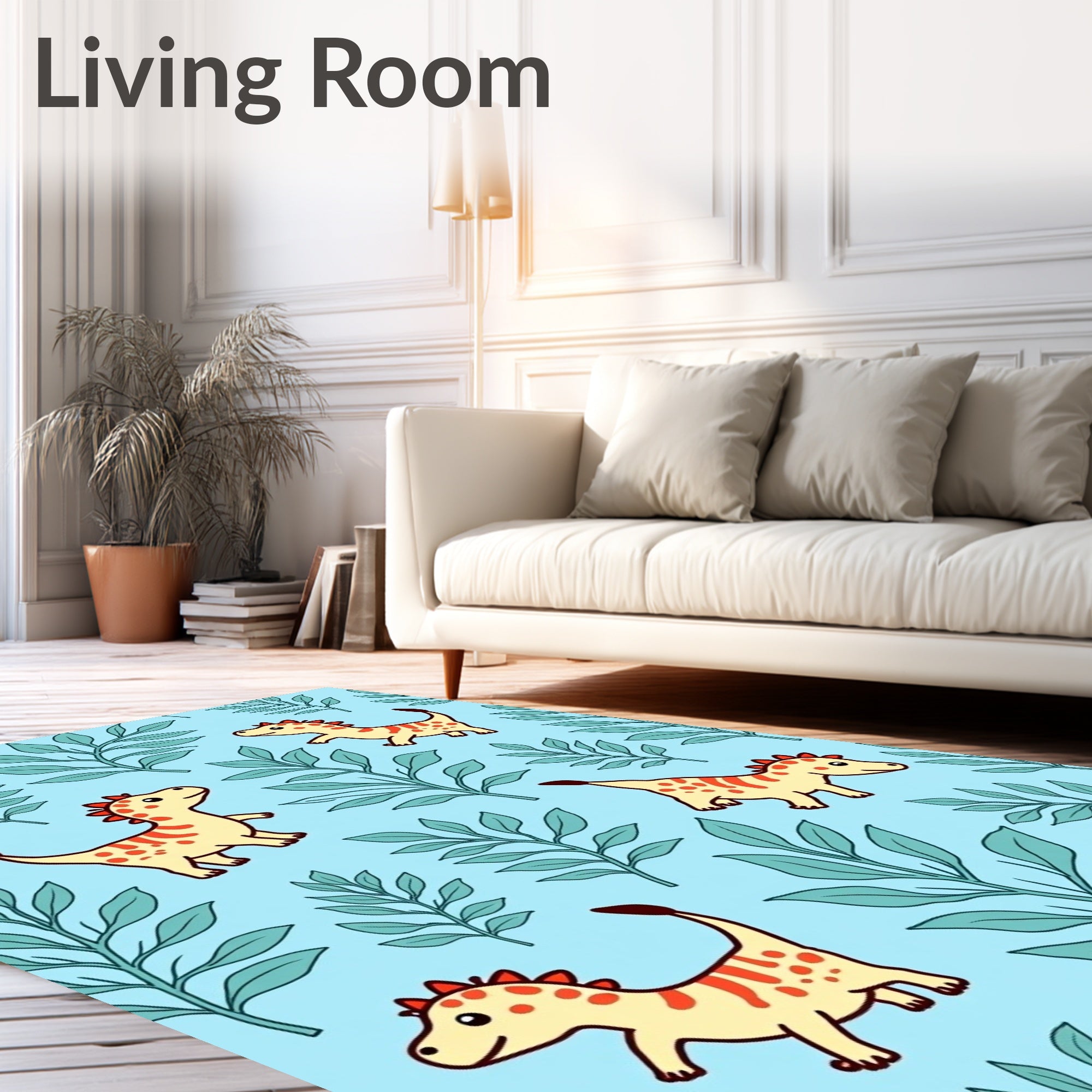 Playful Yellow Dinosaurs Blue Foliage Rug
