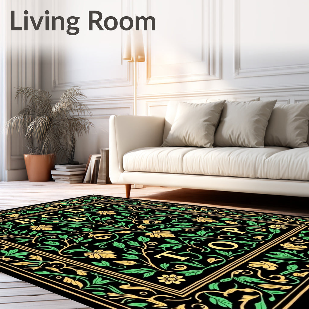 Black Emerald Floral Alphabet Border Rug