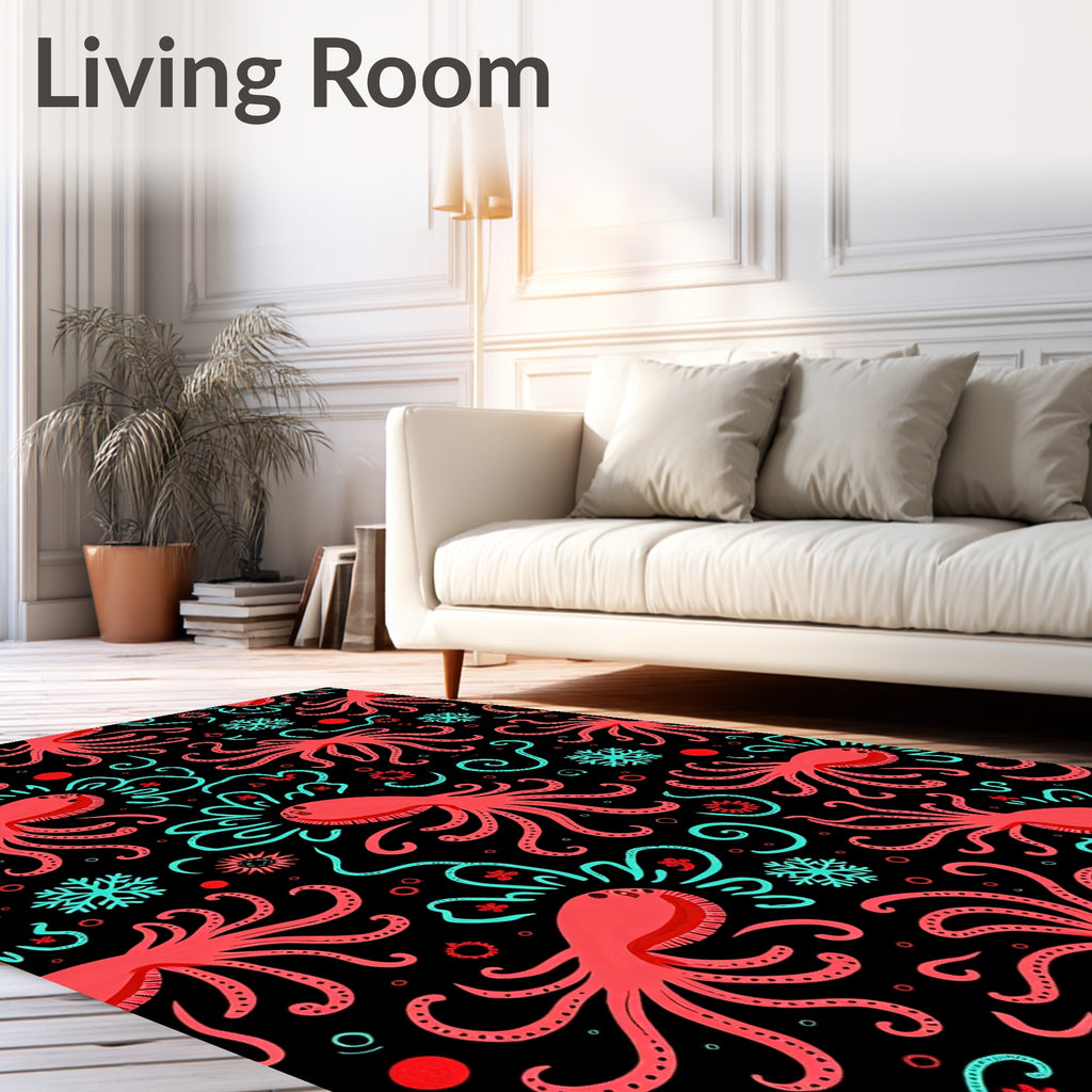 Coral Octopus Snowflake Swirl Black Rug