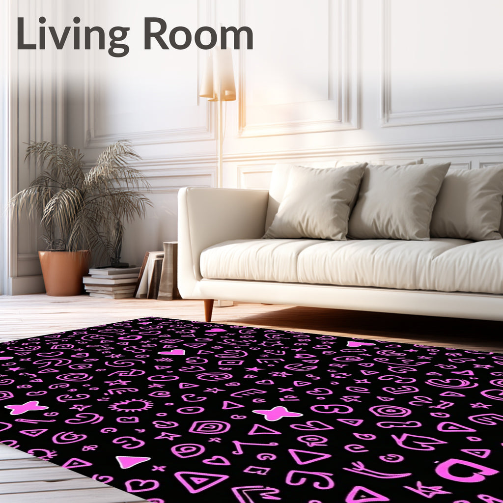 Pink Hearts Stars Shapes Black Background Rug