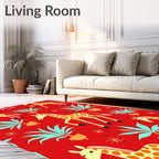 Red Giraffe Jungle Foliage Scene Rug