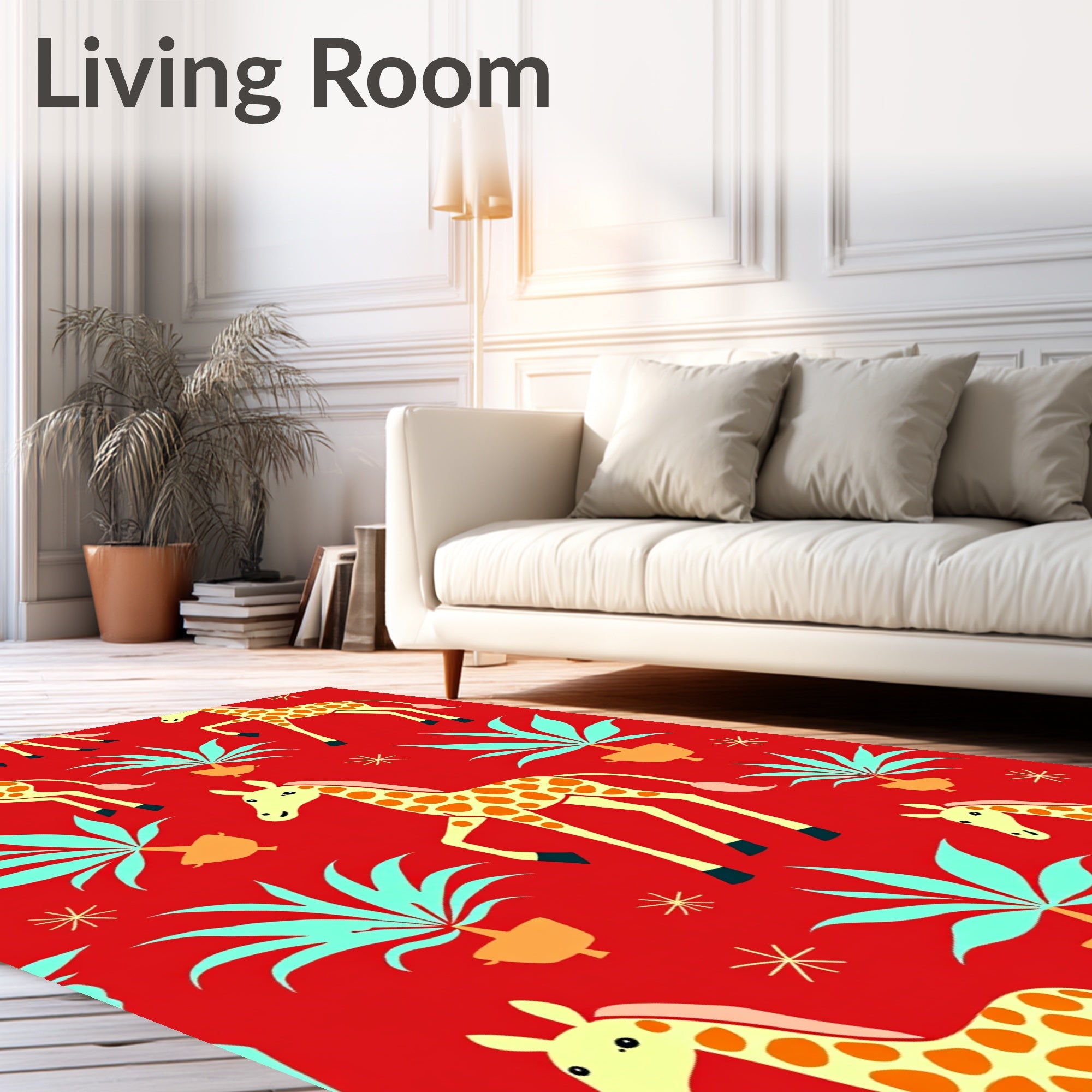 Red Giraffe Jungle Foliage Scene Rug