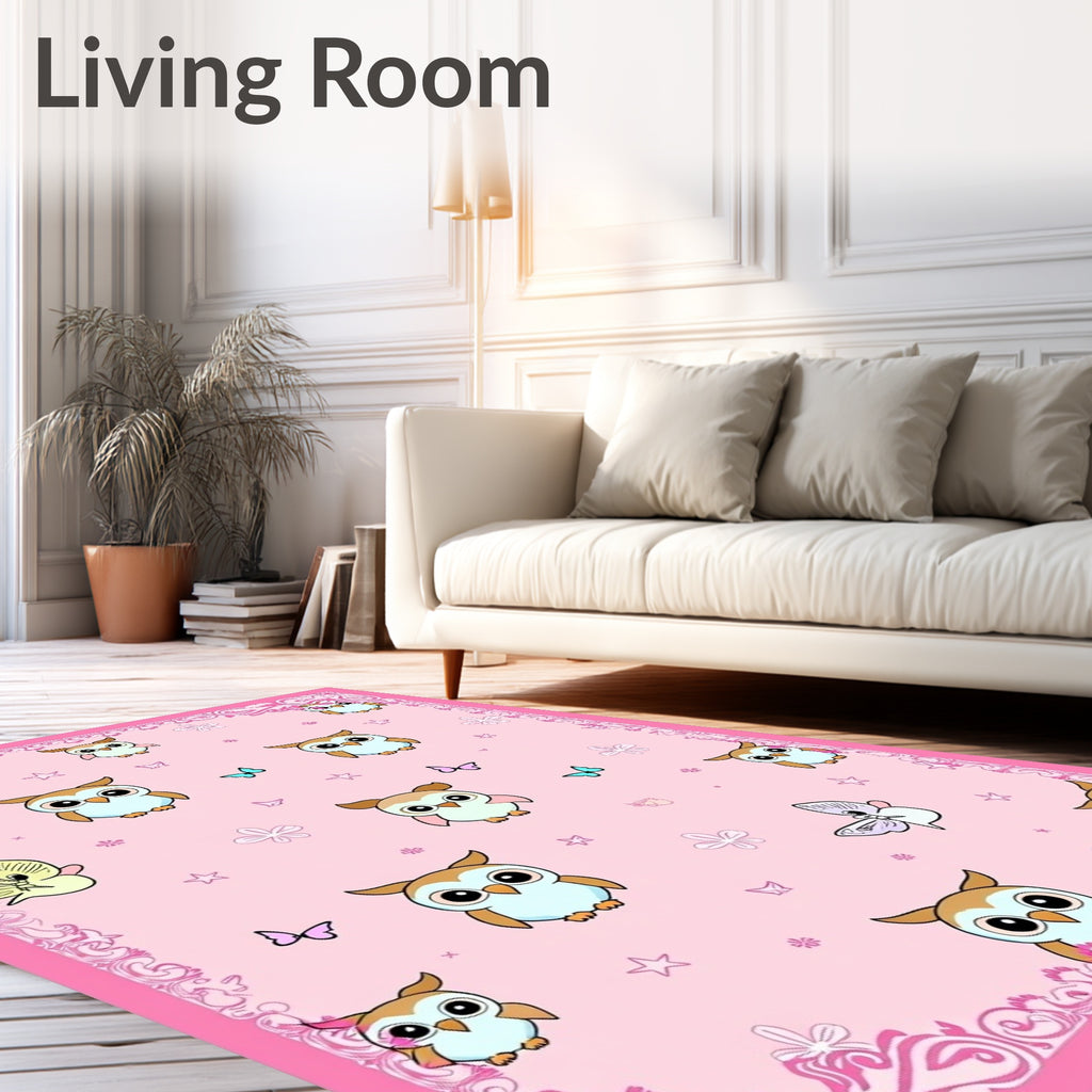 Sweet Owl Butterfly Pink Whimsy Rug
