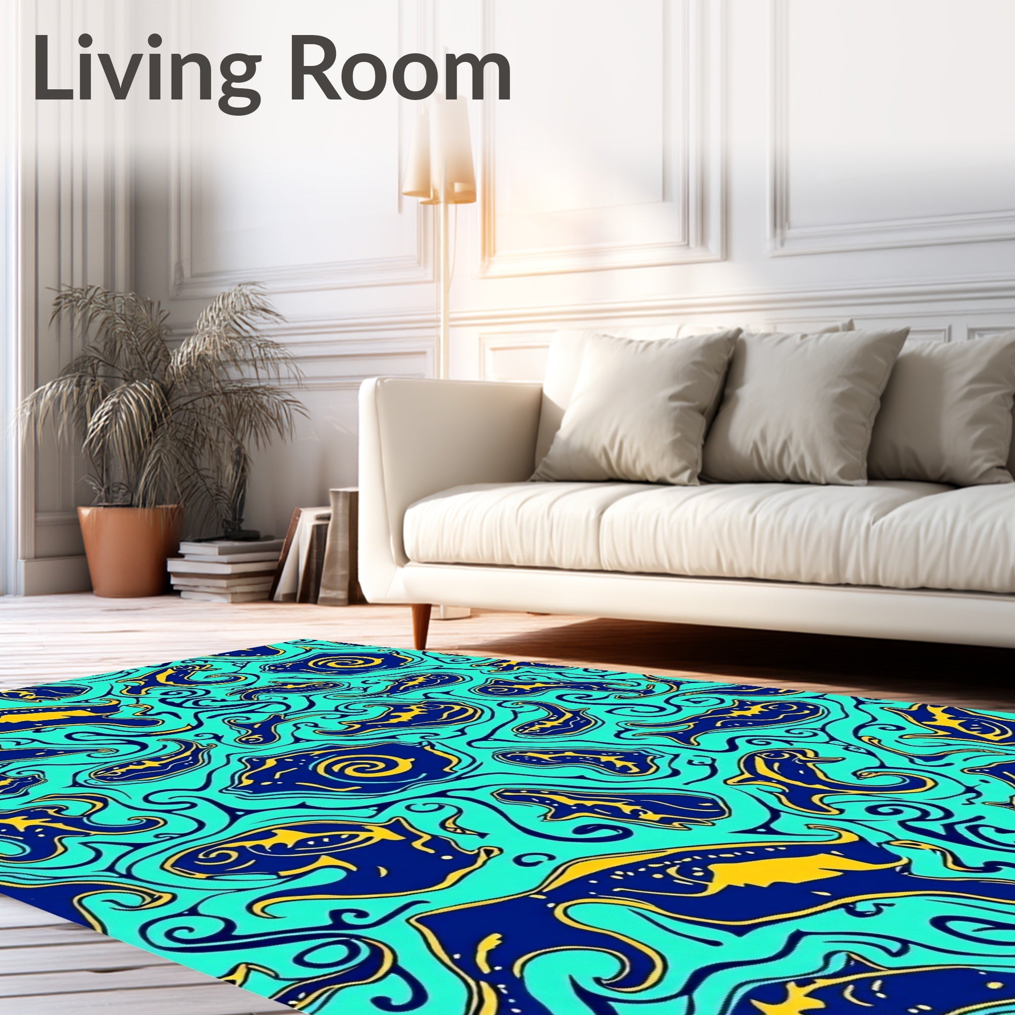 Surreal Teal Blue Yellow Fish Swirl Rug