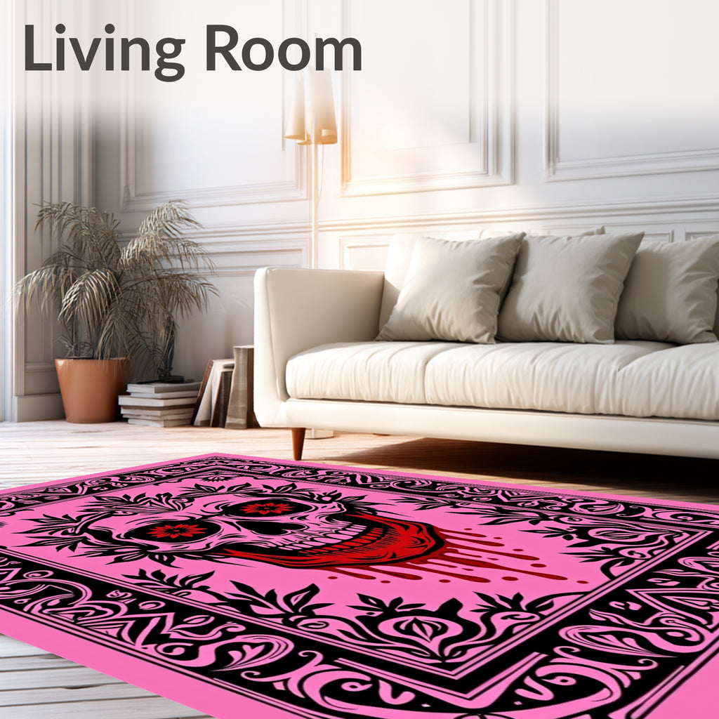 Pink Skull With Red Dripping Blood Border Rug