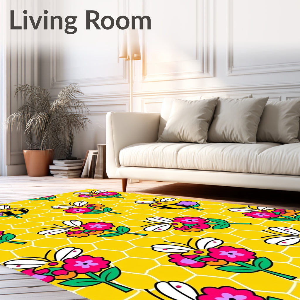 Whimsical Yellow Bee Floral Hive Rug