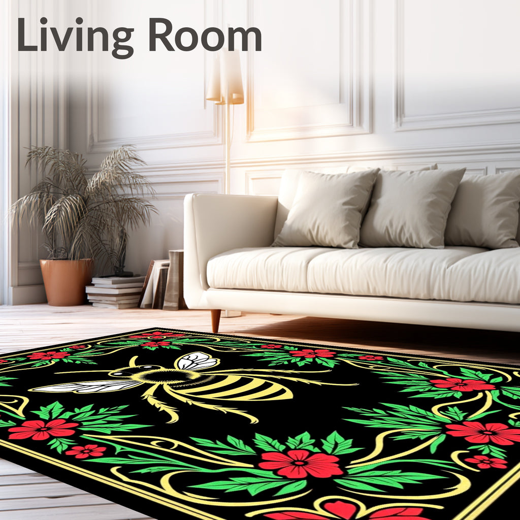 Golden Bee Floral Border Black Rug