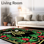 Golden Bee Floral Border Black Rug