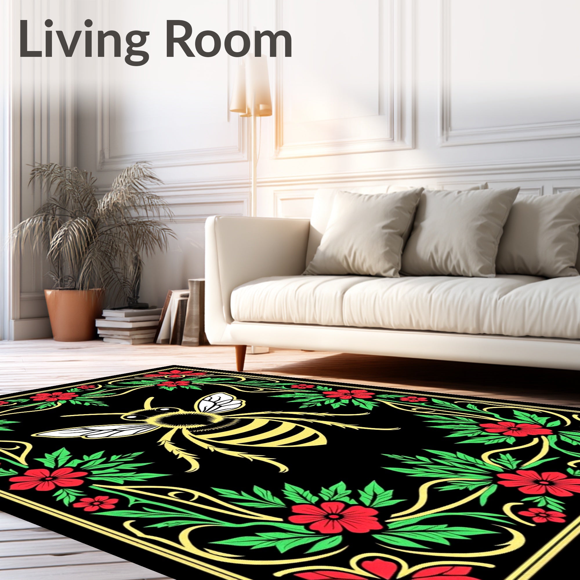 Golden Bee Floral Border Black Rug