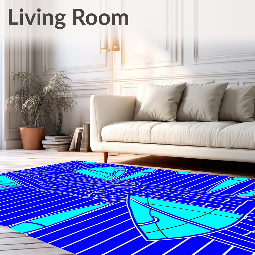 Bright Turquoise Sailboats on Blue Stripes Rug