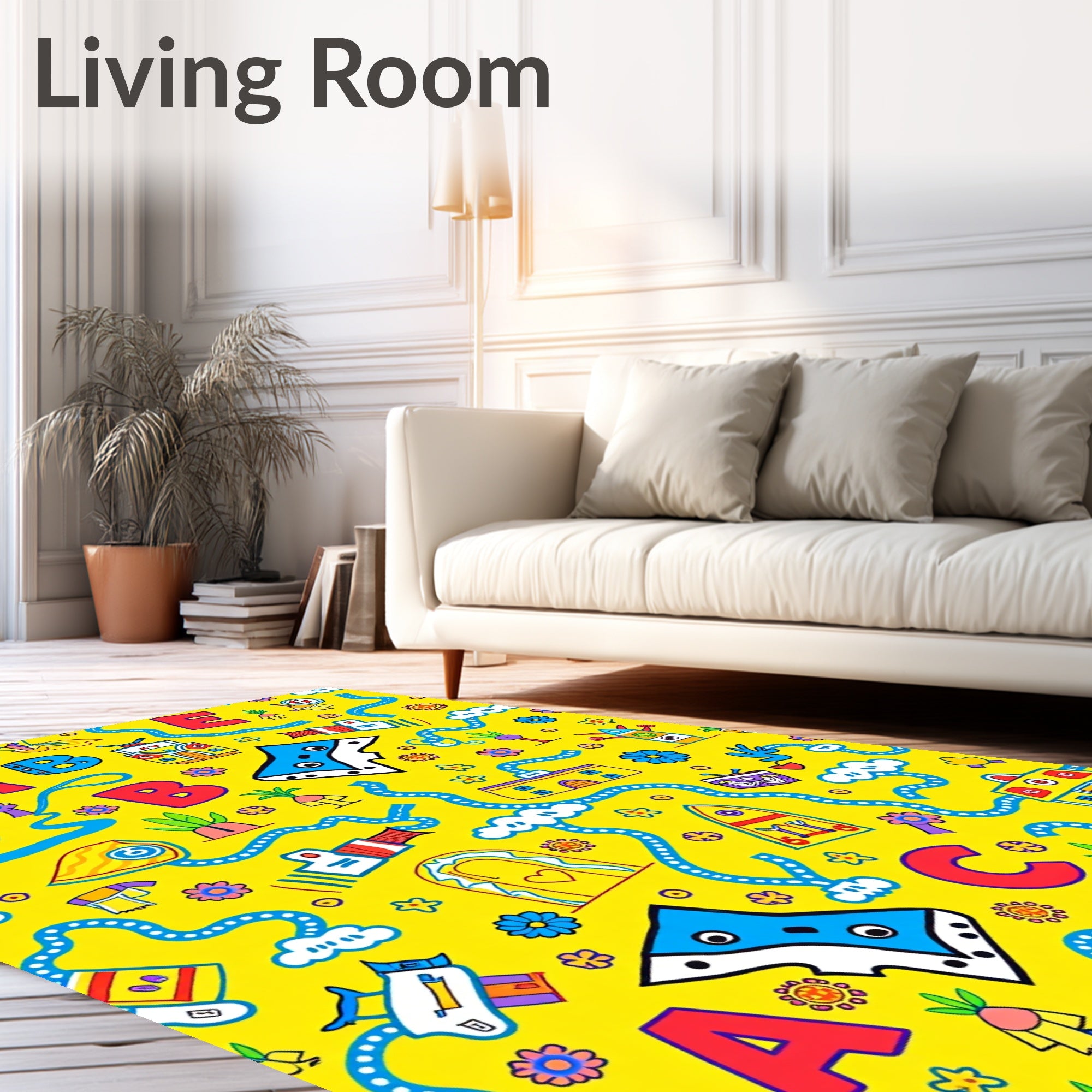 Playful Alphabet Yellow Cartoon Scene Rug