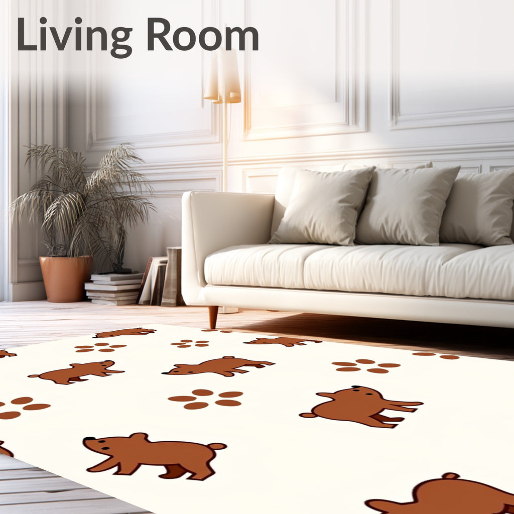 Playful Brown Bear and Paw Print Rug