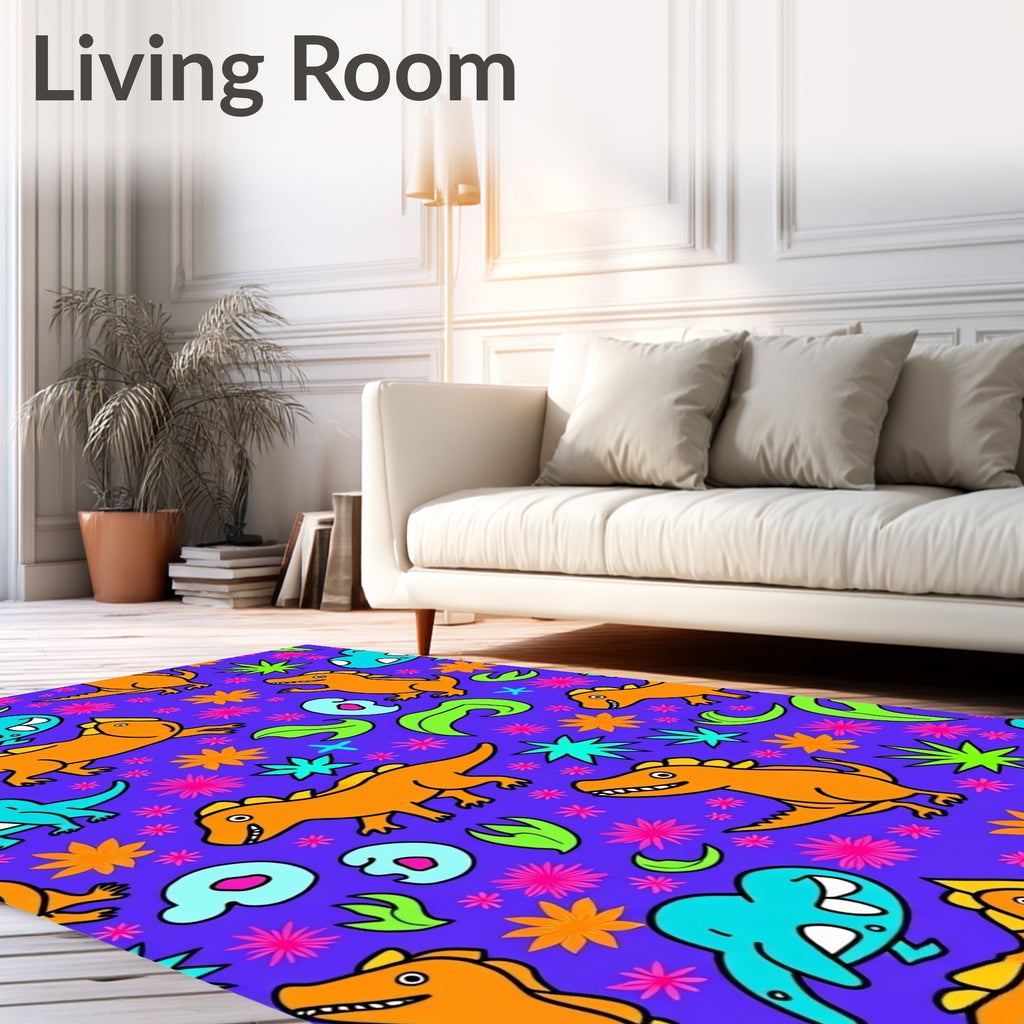 Orange Dinosaur Purple Floral Meadow Rug