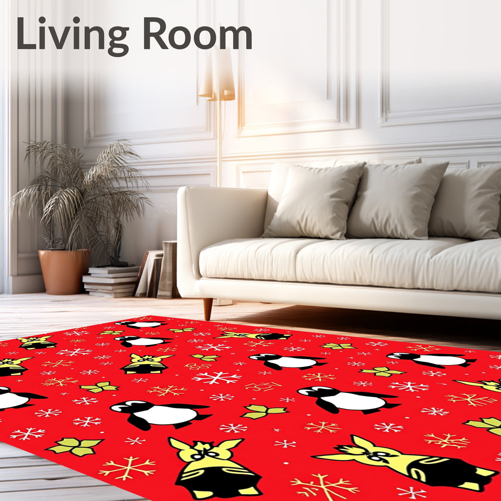 Whimsical Penguin Snowflakes Red Rug