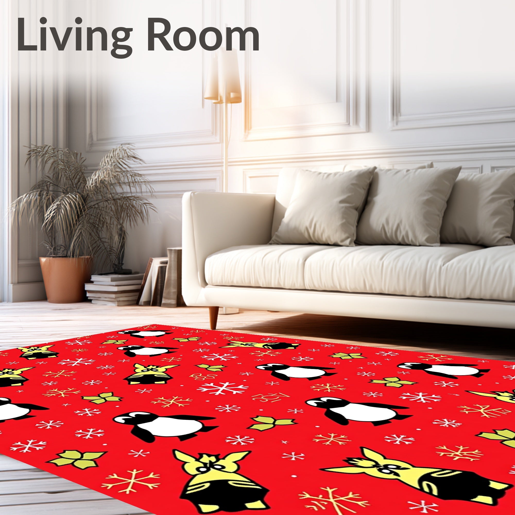 Whimsical Penguin Snowflakes Red Rug