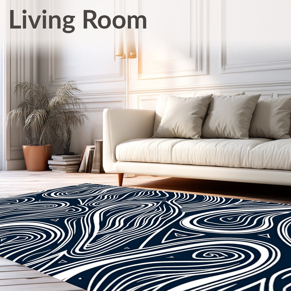 Navy White Swirling Organic Lines Rug
