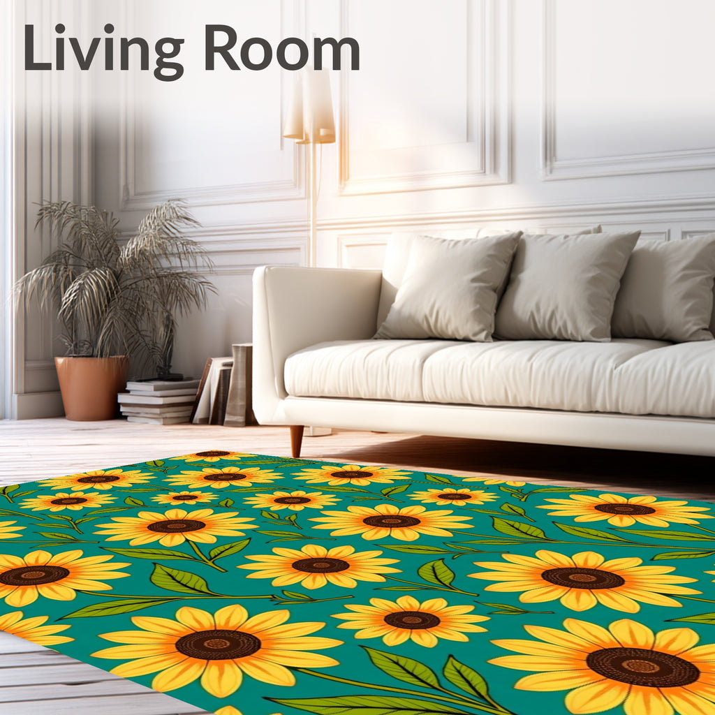 Golden Yellow Sunflower Garden Teal Rug