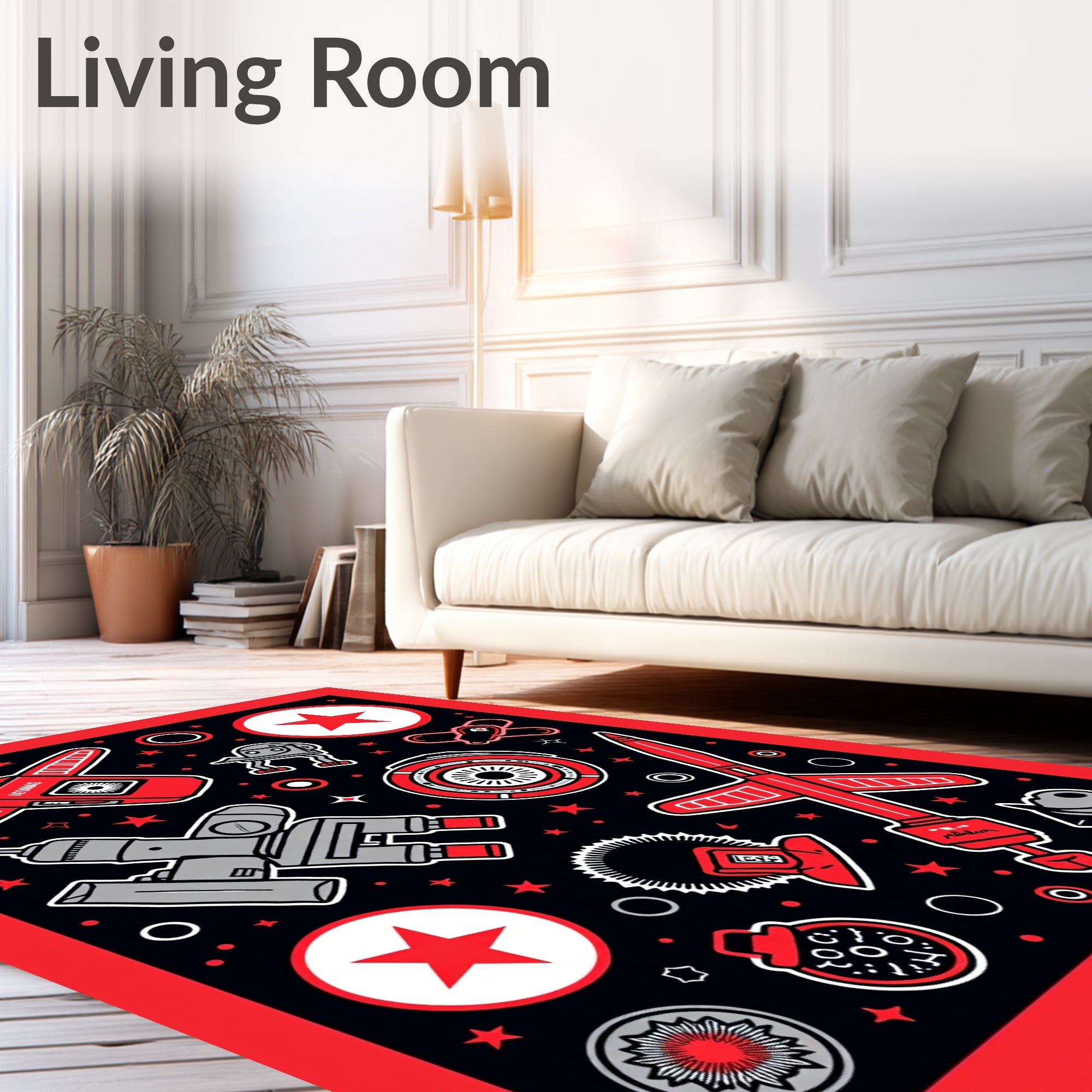 Retro Sci Fi Robots Stars Spaceships and Rockets Rug