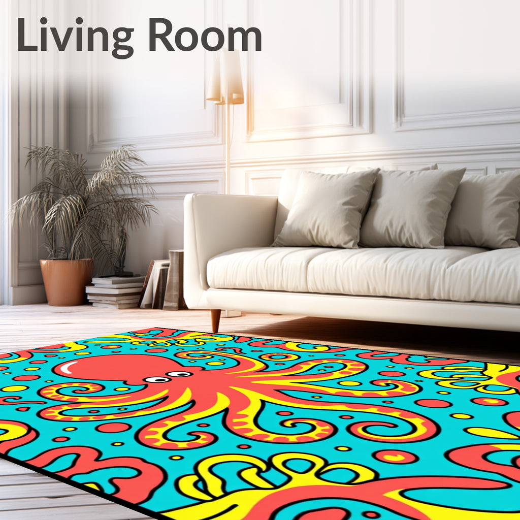 Coral Octopus With Yellow Tentacle Swirls Rug