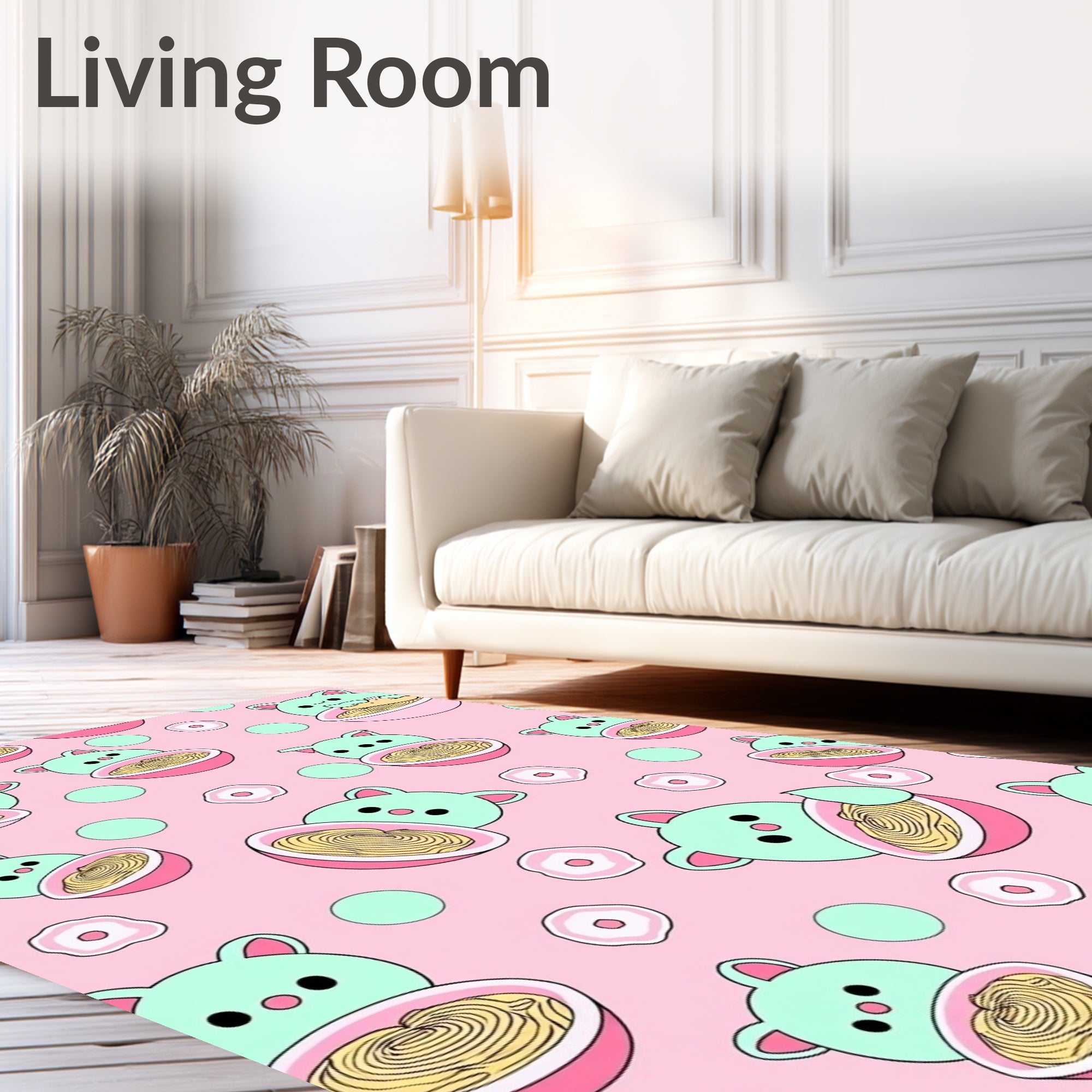 Kawaii Mint Bear Ramen Pink Circles Rug