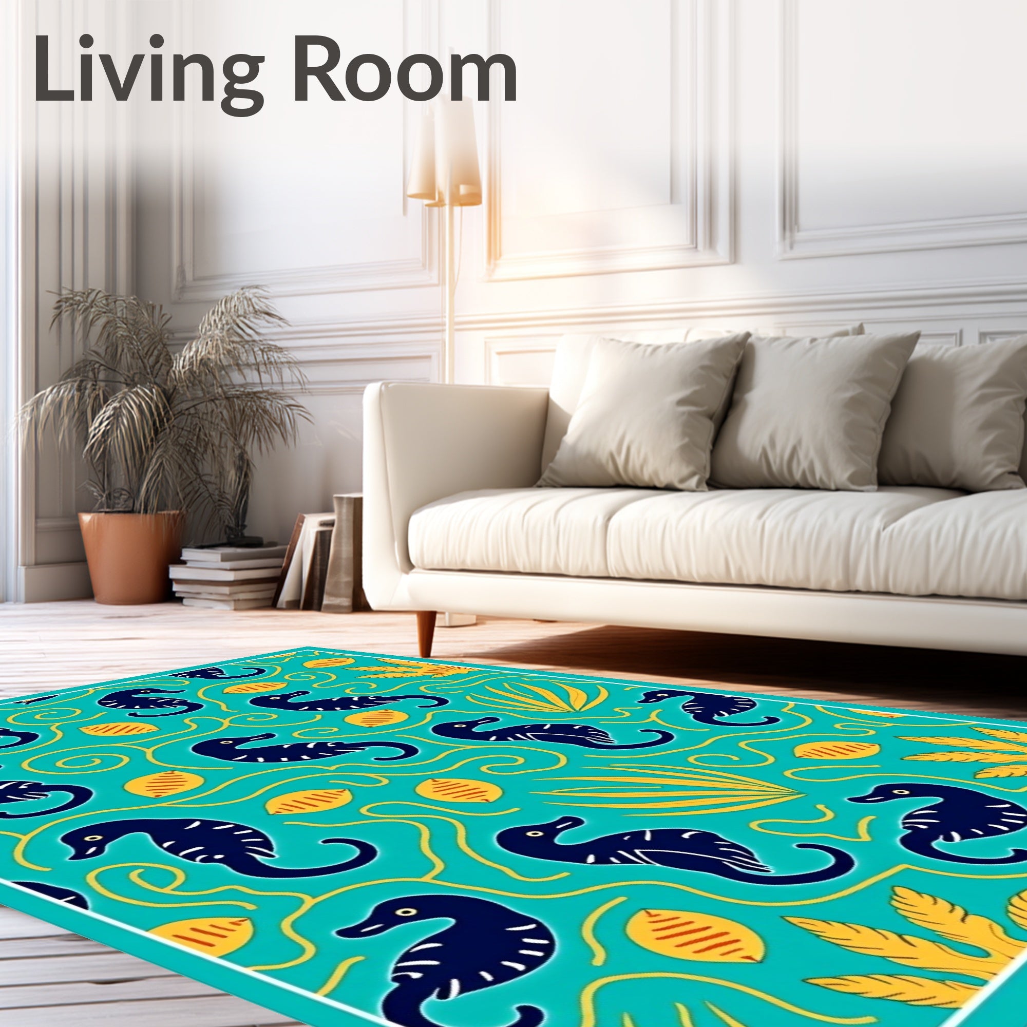 Navy Seahorse Aqua Floral Whimsical Rug
