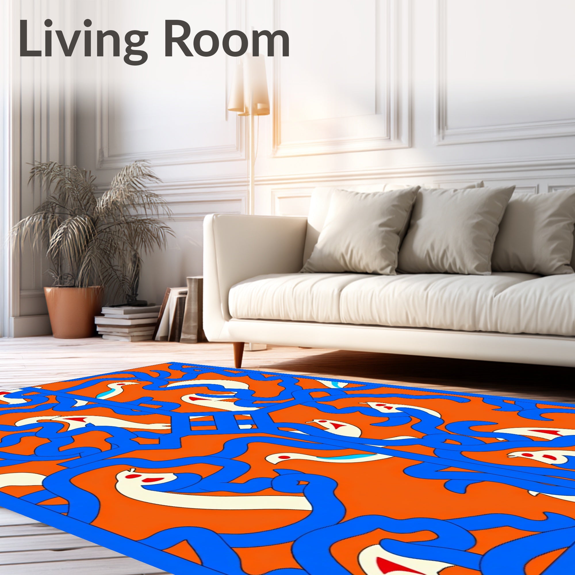 Whimsical White Birds Blue Swirls Orange Rug