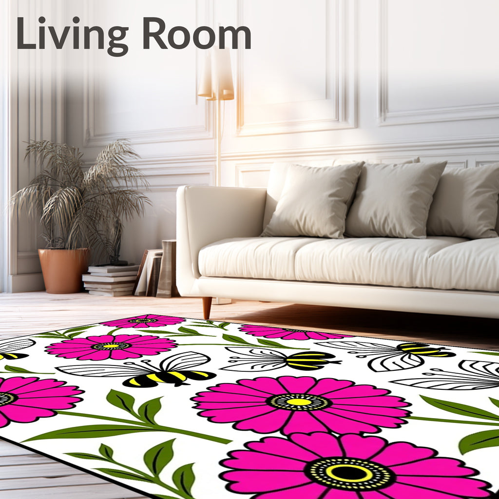 Pink Floral Bee Garden Whimsy Rug