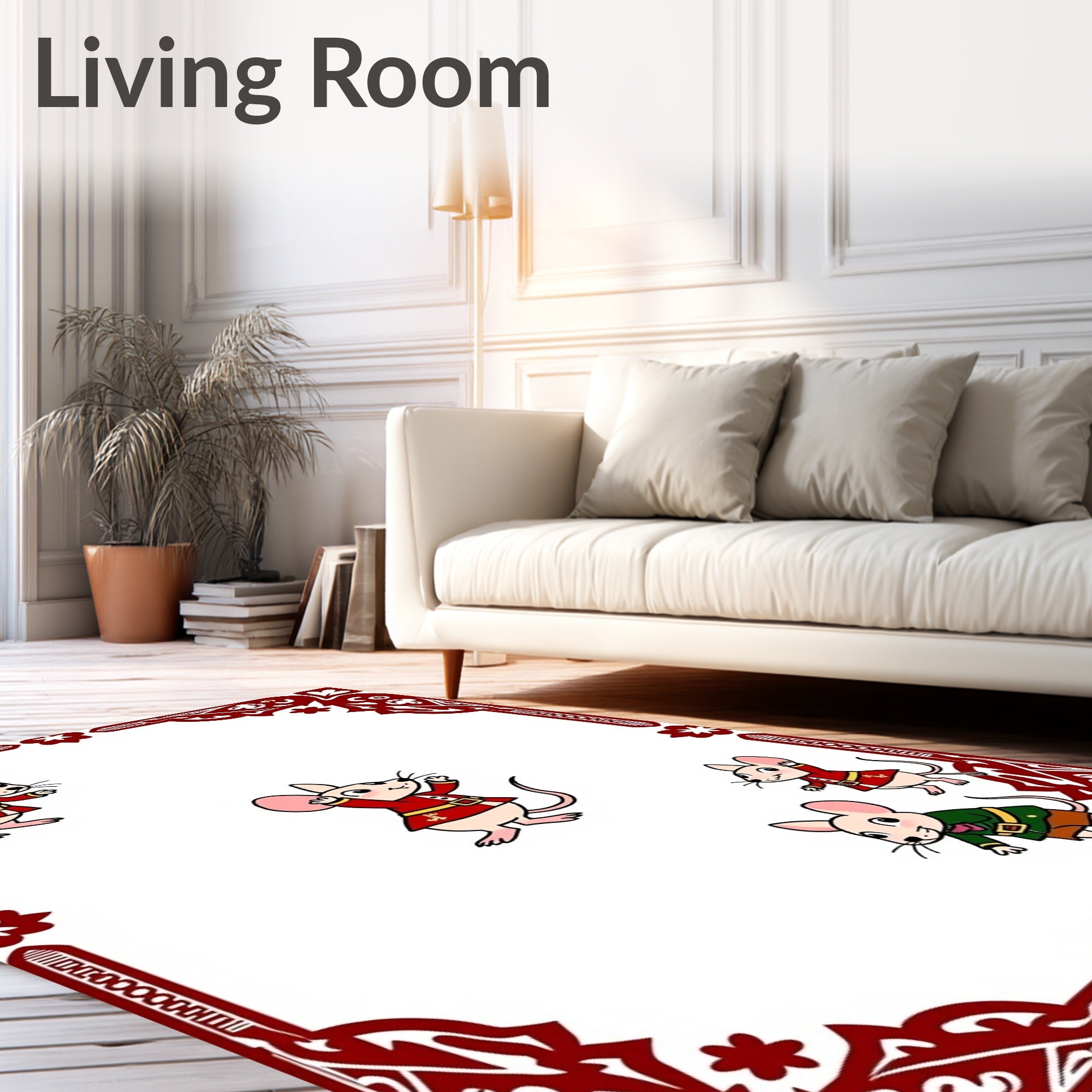 Red Mice Playing Border Design Rug