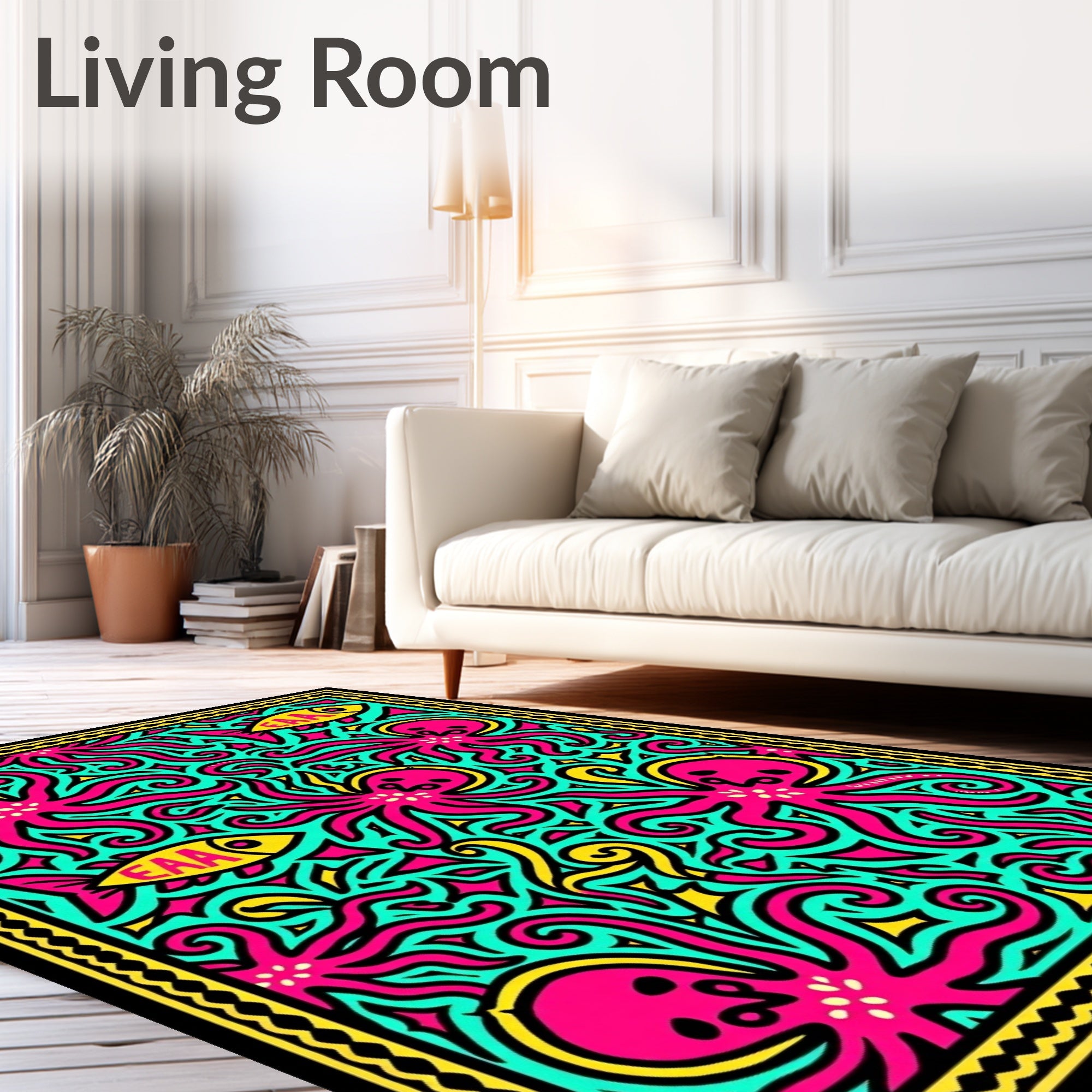 Pink Octopus Teal Aqua Yellow Fish Rug