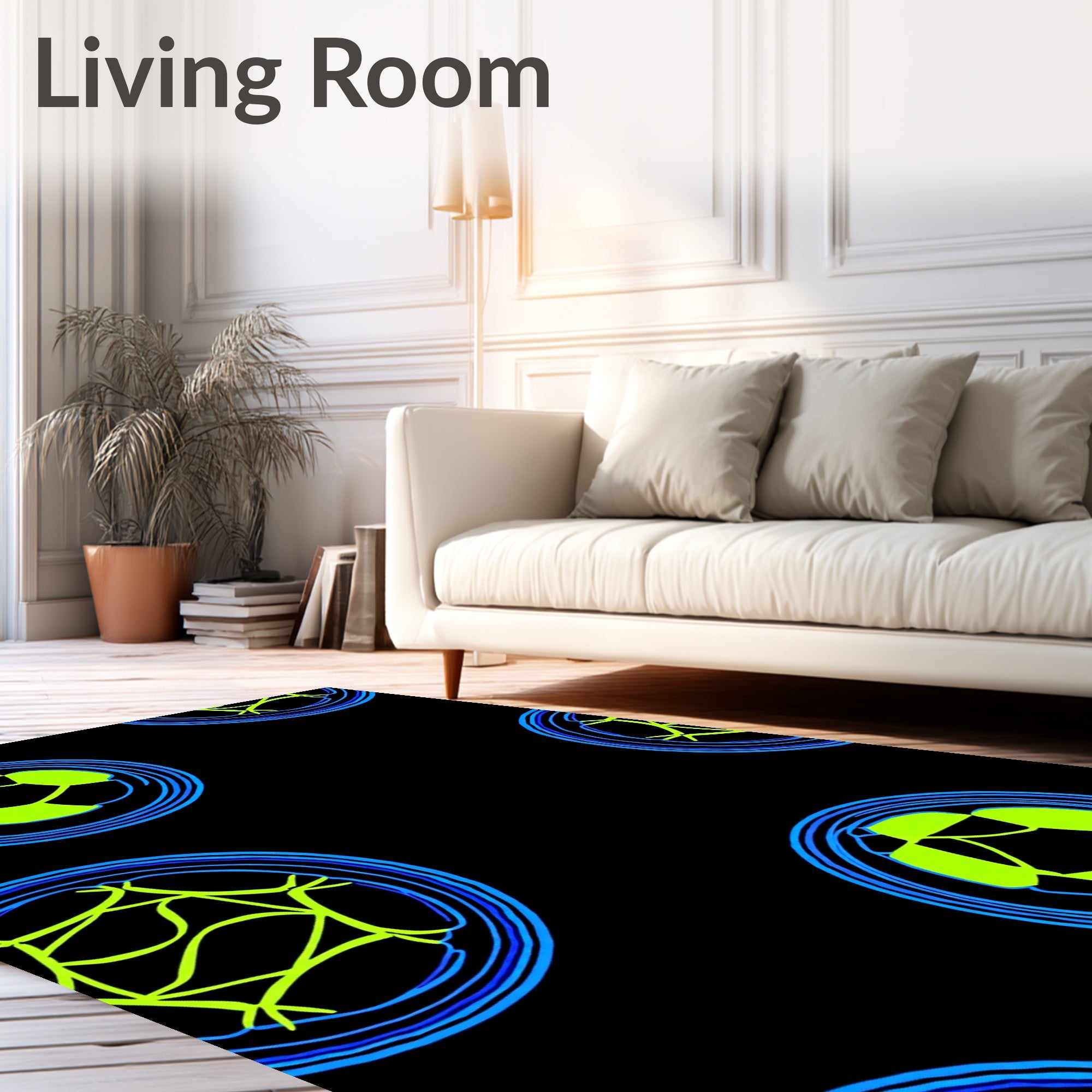 Neon Blue Green Soccer Orb Rug